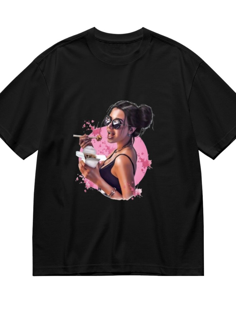 Black Graphic Short Sleeve Tee with Pink Art Print - Picture 3 of 5